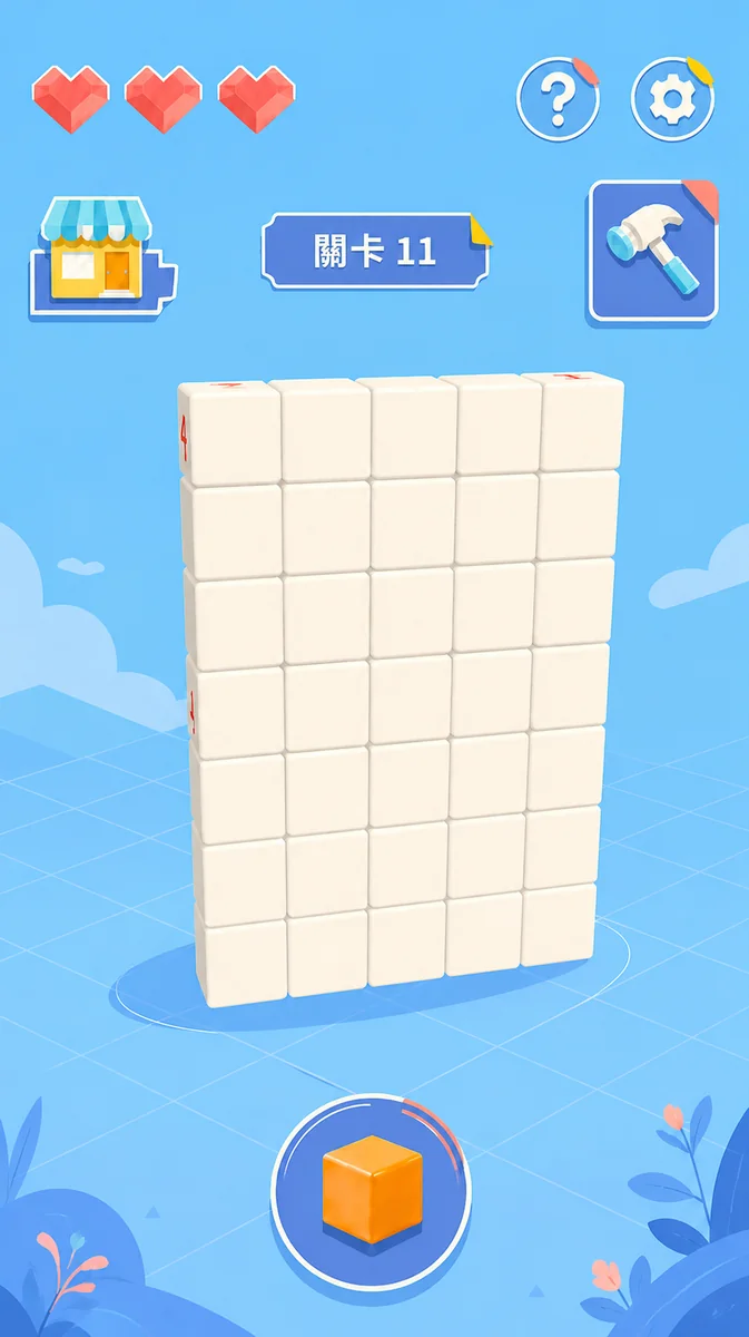 Actual cubepaint Level 11 gameplay showing a 3D wall of numbered blocks