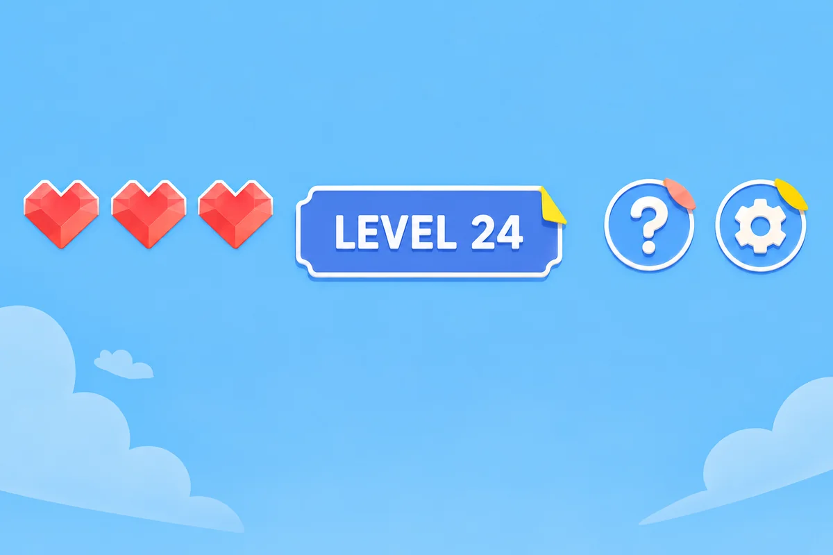 Level 24 status area with three lives, help and settings