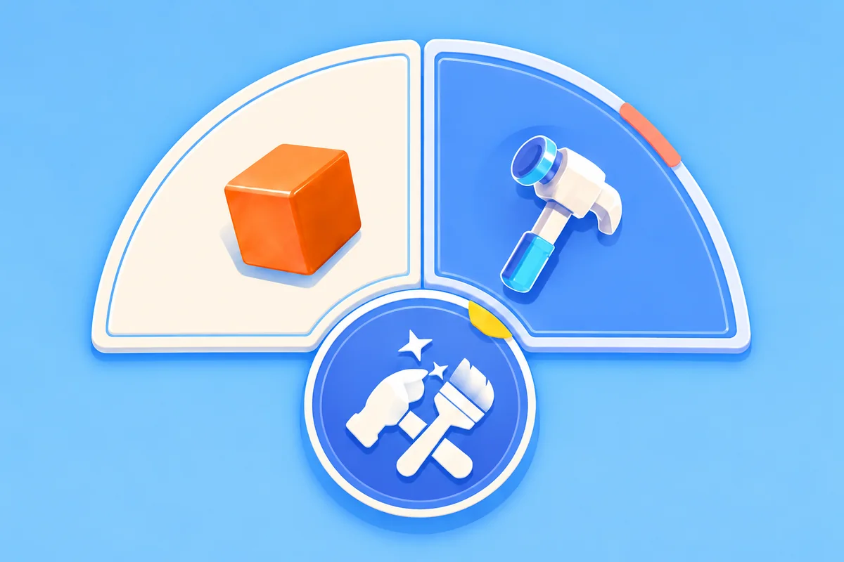 Fan-shaped action selector with cube and tool options